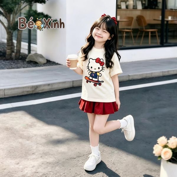 Set áo phông Hello Kitty PHỐI chân váy xếp ly dễ thương cho bé gái BXG2400