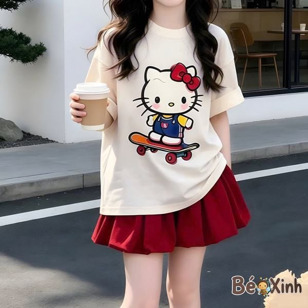 Set áo phông Hello Kitty PHỐI chân váy xếp ly dễ thương cho bé gái BXG2400