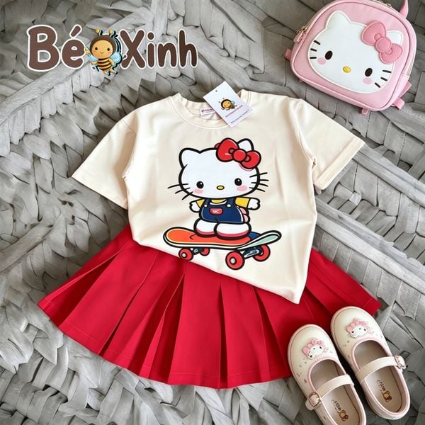 Set áo phông Hello Kitty PHỐI chân váy xếp ly dễ thương cho bé gái BXG2400