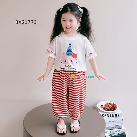Bộ áo thun Hello Kitty Quần sọc ống thụng dễ thương cho bé gái BXG1773