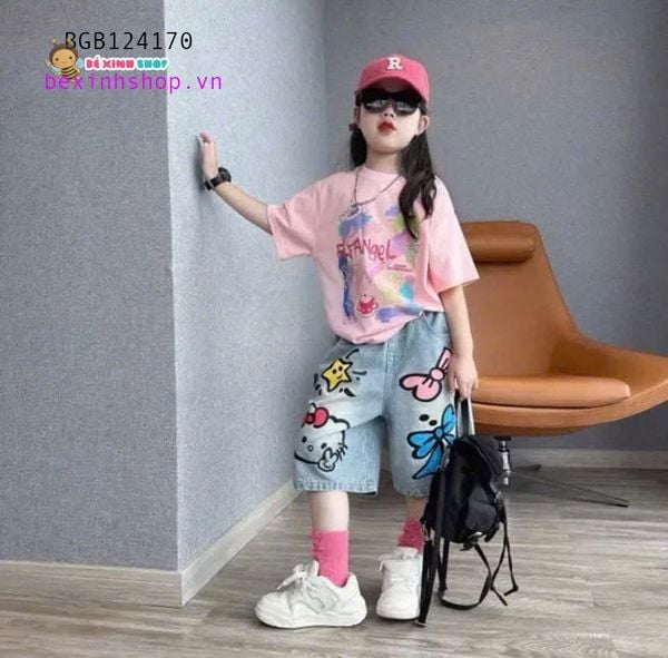 Set jean quần ngố in họa tiết dễ thương cho bé gái BGB124170