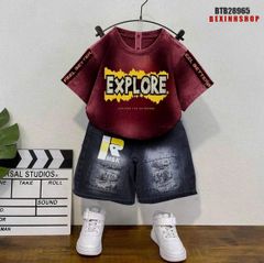 Set jean wash đá phối quần lửng in chữ cực ngầu cho bé trai BTB28965