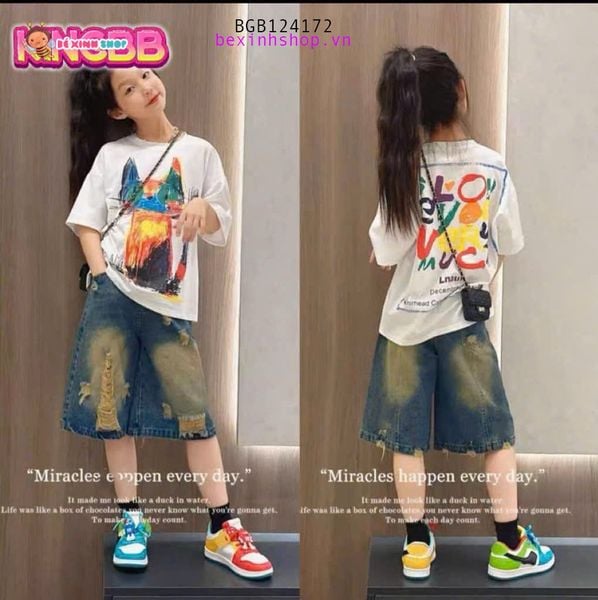 Set jean trai gái quần ngố wash rách in mèo dễ thương cho bé BGB124172