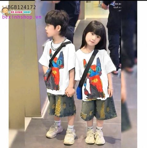 Set jean trai gái quần ngố wash rách in mèo dễ thương cho bé BGB124172