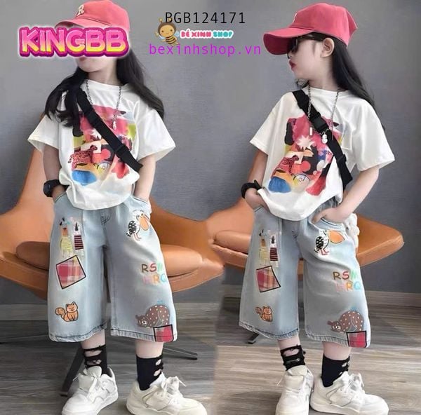 Set jean quần ngố in họa tiết dễ thương cho bé gái BGB124170
