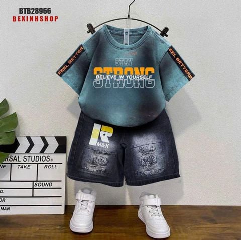 Set jean wash đá phối quần lửng in chữ cực ngầu cho bé trai BTB28965