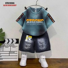 Set jean wash đá phối quần lửng in chữ cực ngầu cho bé trai BTB28965