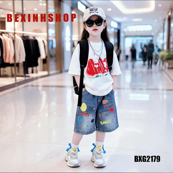 Set áo thun bé gái phối quần jeans họa tiết dưa hấu BXG2179