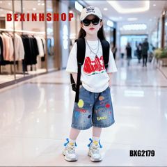 Set áo thun bé gái phối quần jeans họa tiết dưa hấu BXG2179