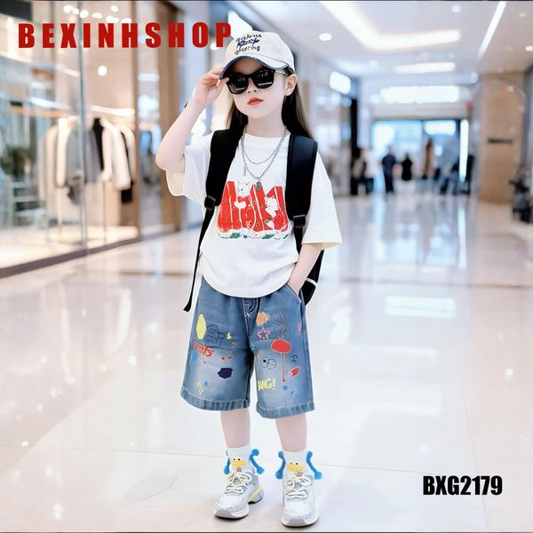 Set áo thun bé gái phối quần jeans họa tiết dưa hấu BXG2179