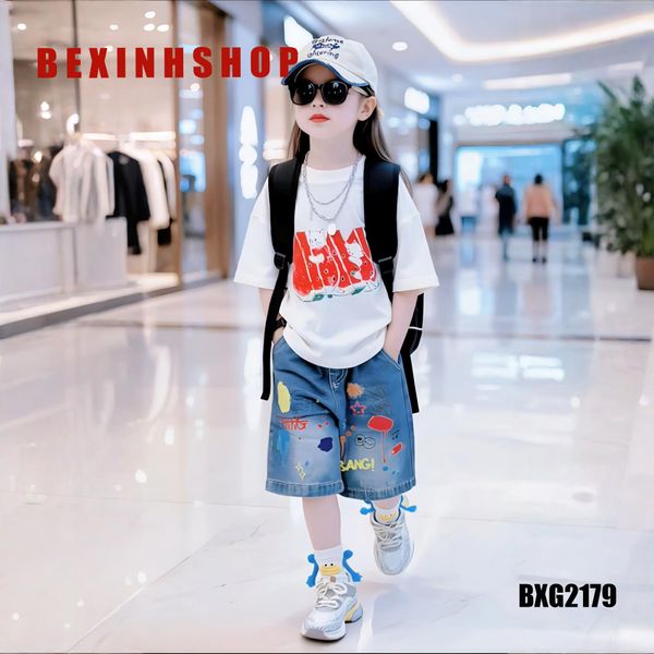 Set áo thun bé gái phối quần jeans họa tiết dưa hấu BXG2179