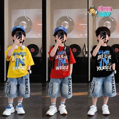 Set jeans bé trai áo in chữ ALWAYS quần túi hộp BXG2064