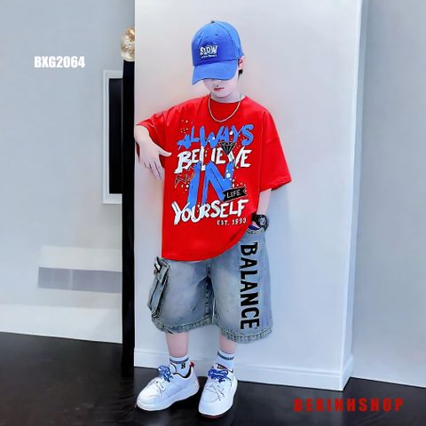 Set jeans bé trai áo in chữ ALWAYS quần túi hộp BXG2064