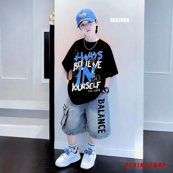 Set jeans bé trai áo in chữ ALWAYS quần túi hộp BXG2064