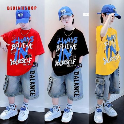 Set jeans bé trai áo in chữ ALWAYS quần túi hộp BXG2064