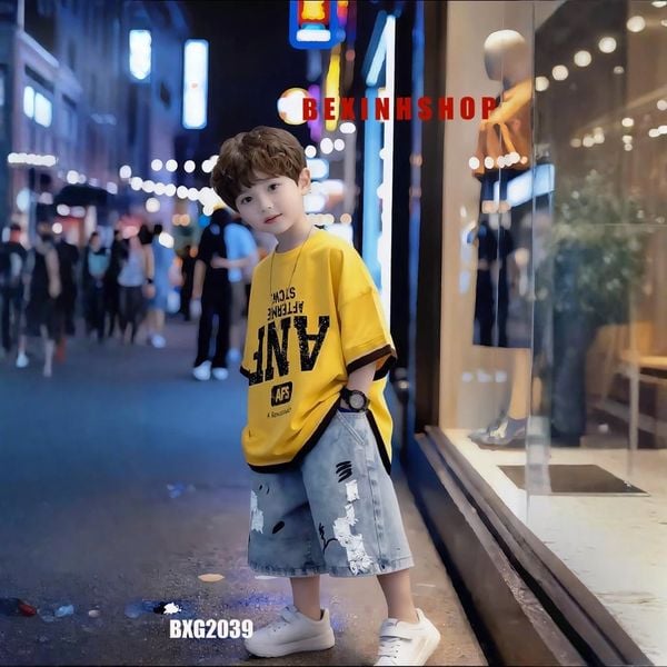 Set đồ bé trai áo in chữ loang ANF quần jeans phom rộng BXG2039