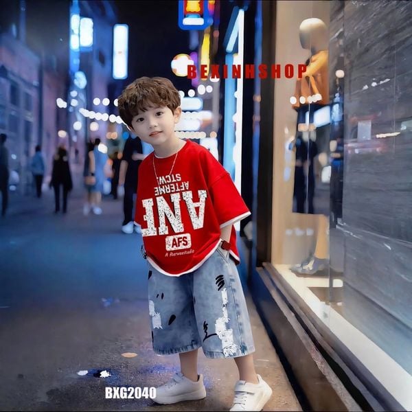 Set đồ bé trai áo in chữ loang ANF quần jeans phom rộng BXG2039