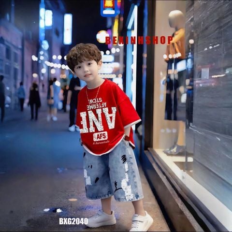 Set đồ bé trai áo in chữ loang ANF quần jeans phom rộng BXG2039