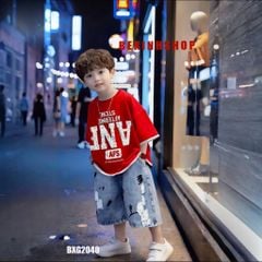Set đồ bé trai áo in chữ loang ANF quần jeans phom rộng BXG2039