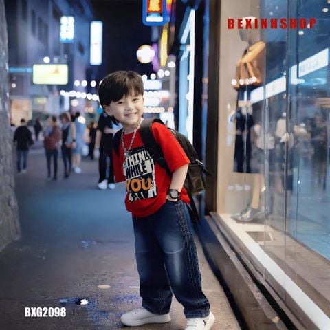 Set jeans bé trai áo in chữ Think While quần DÀI phom suông BXG2098