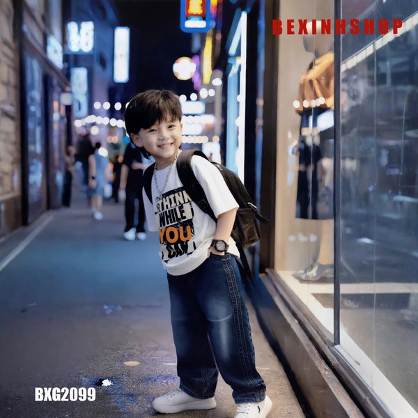 Set jeans bé trai áo in chữ Think While quần DÀI phom suông BXG2098