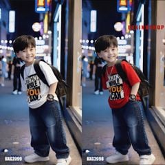 Set jeans bé trai áo in chữ Think While quần DÀI phom suông BXG2098