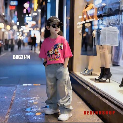 Set jean bé gái in NGỰA HOA quần dài BXG2144