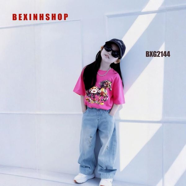 Set jean bé gái in NGỰA HOA quần dài BXG2144