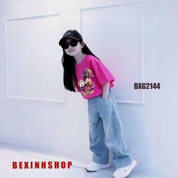 Set jean bé gái in NGỰA HOA quần dài BXG2144