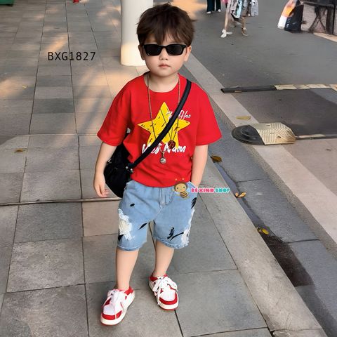 Set jeans wash phối áo thun in Tự Hào Việt Nam cho bé trai đi chơi Lễ BXG1827