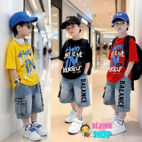Set jeans bé trai áo in chữ ALWAYS quần túi hộp BXG2064