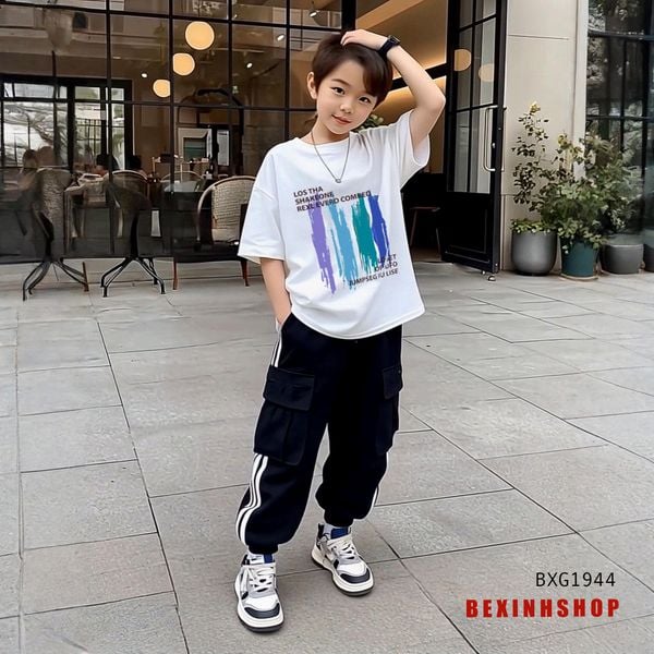 Set áo vạch sơn quần kaki jogger túi hộp đẹp cho bé trai đi chơi BXG1944
