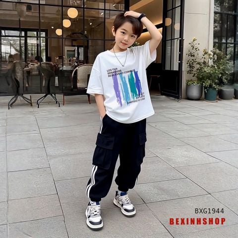 Set áo vạch sơn quần kaki jogger túi hộp đẹp cho bé trai đi chơi BXG1944