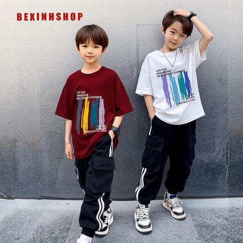 Set áo vạch sơn quần kaki jogger túi hộp đẹp cho bé trai đi chơi BXG1944