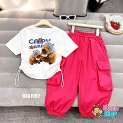 Bộ áo rút dây CapyBara quần kaki jogger túi hộp dễ thương cho bé gái đi chơi, học nhảy BXG1092