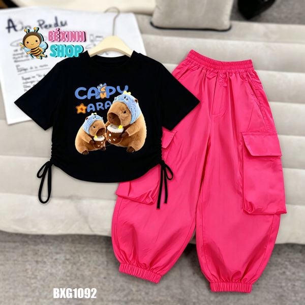 Bộ áo rút dây CapyBara quần kaki jogger túi hộp dễ thương cho bé gái đi chơi, học nhảy BXG1092