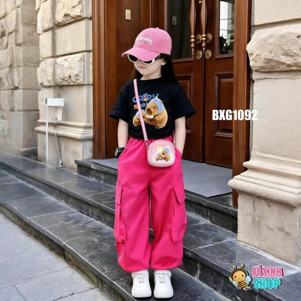 Bộ áo rút dây CapyBara quần kaki jogger túi hộp dễ thương cho bé gái đi chơi, học nhảy BXG1092