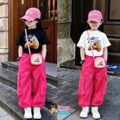 Bộ áo rút dây CapyBara quần kaki jogger túi hộp dễ thương cho bé gái đi chơi, học nhảy BXG1092