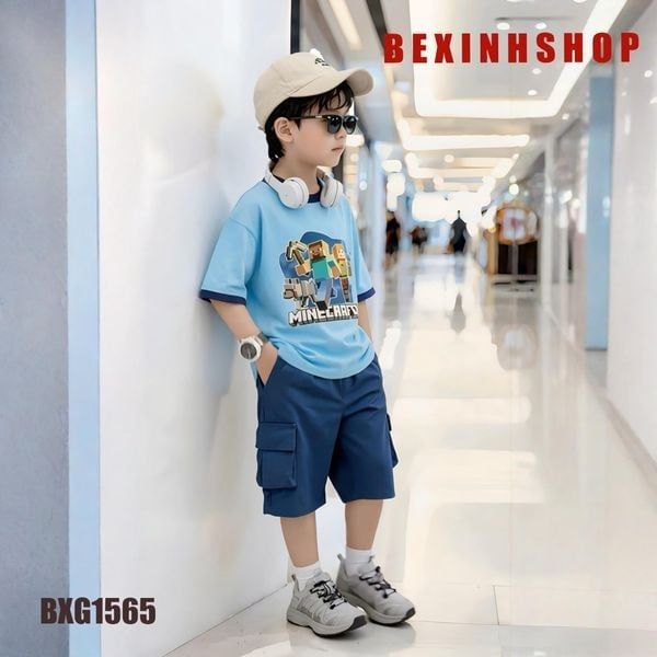 Set áo thun in MineCaft quần túi hộp dễ thương cho bé trai đi học, đi chơi BXG1565