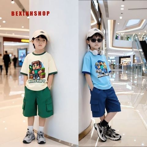Set áo thun in MineCaft quần túi hộp dễ thương cho bé trai đi học, đi chơi BXG1565