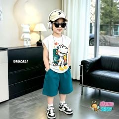 Set áo tay lỡ in KHỦNG LONG quần cotton lạnh cho bé trai ngày Hè BXG2327