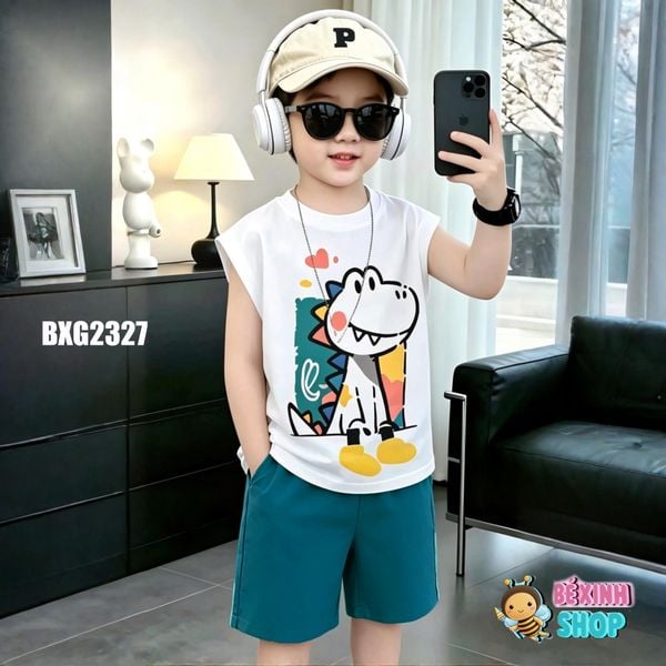 Set áo tay lỡ in KHỦNG LONG quần cotton lạnh cho bé trai ngày Hè BXG2327