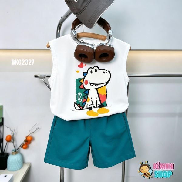 Set áo tay lỡ in KHỦNG LONG quần cotton lạnh cho bé trai ngày Hè BXG2327