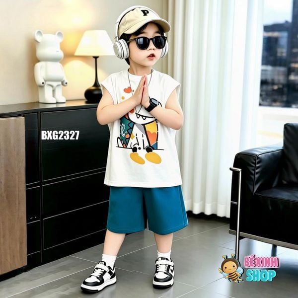 Set áo tay lỡ in KHỦNG LONG quần cotton lạnh cho bé trai ngày Hè BXG2327