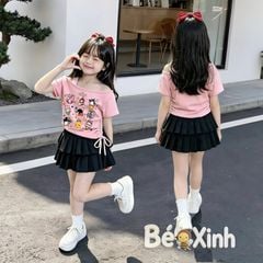 Set áo lệch vai kèm chân váy tầng xếp ly nhà Bé Xinh cực iu cho bé gái đi học, đi chơi BXG2480
