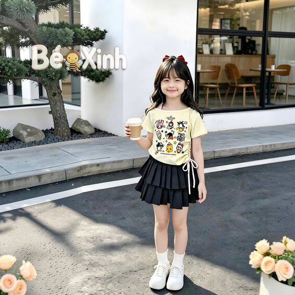 Set áo lệch vai kèm chân váy tầng xếp ly nhà Bé Xinh cực iu cho bé gái đi học, đi chơi BXG2480