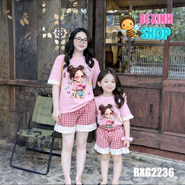 Set áo thun 3D quần kate phối ren cho Mẹ & Bé gái BXG2236