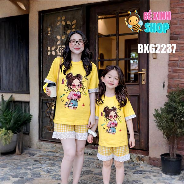 Set áo thun 3D quần kate phối ren cho Mẹ & Bé gái BXG2236