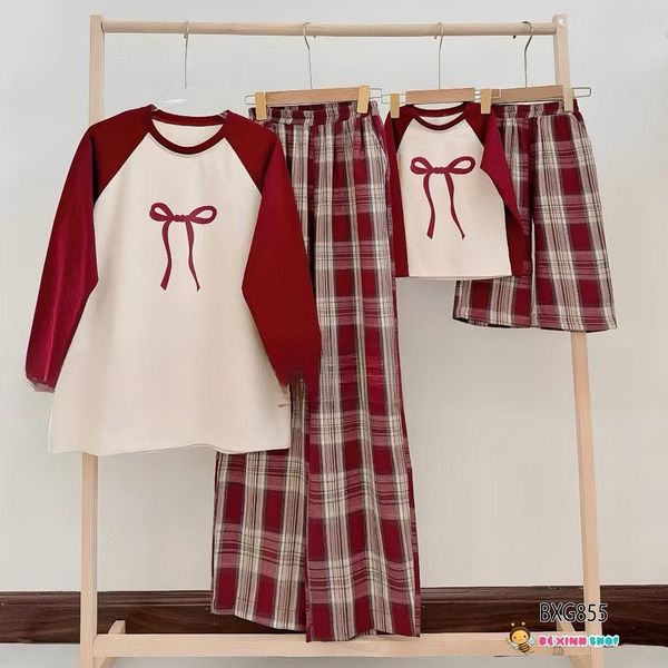 Bộ áo dài tay Raplang Nơ quần Caro Ống Rộng dễ thương cho bé gái BXG1130