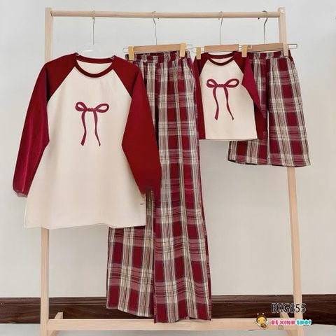 Bộ áo dài tay Raplang Nơ quần Caro Ống Rộng dễ thương cho bé gái BXG1130